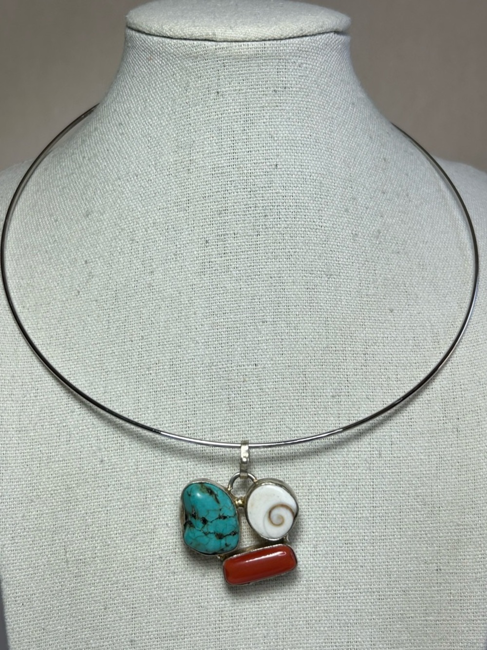 Multi-Stone Turquoise Shell Coral Pendant Torque Necklace Sterling Silver Plated